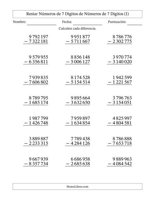 La hoja de ejercicios de Restar números de 7 dígitos de números de 7 dígitos, sin acarreo (21 preguntas) (Espacio como separador de millares) (I)
