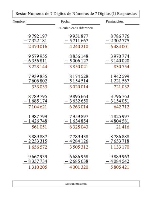 La hoja de ejercicios de Restar números de 7 dígitos de números de 7 dígitos, sin acarreo (21 preguntas) (Espacio como separador de millares) (I) Página 2