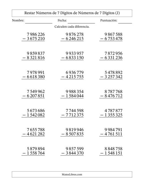 La hoja de ejercicios de Restar números de 7 dígitos de números de 7 dígitos, sin acarreo (21 preguntas) (Espacio como separador de millares) (J)