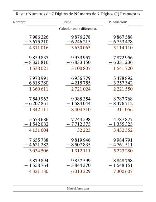 La hoja de ejercicios de Restar números de 7 dígitos de números de 7 dígitos, sin acarreo (21 preguntas) (Espacio como separador de millares) (J) Página 2