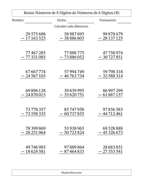 La hoja de ejercicios de Restar números de 8 dígitos de números de 8 dígitos, sin acarreo (21 preguntas) (Espacio como separador de millares) (B)