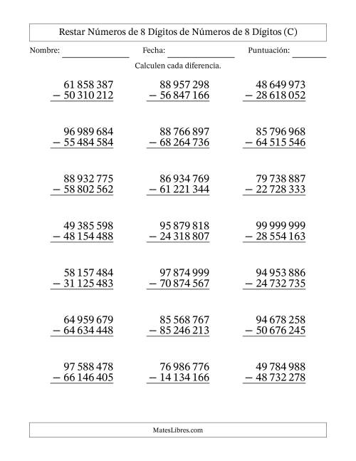 La hoja de ejercicios de Restar números de 8 dígitos de números de 8 dígitos, sin acarreo (21 preguntas) (Espacio como separador de millares) (C)