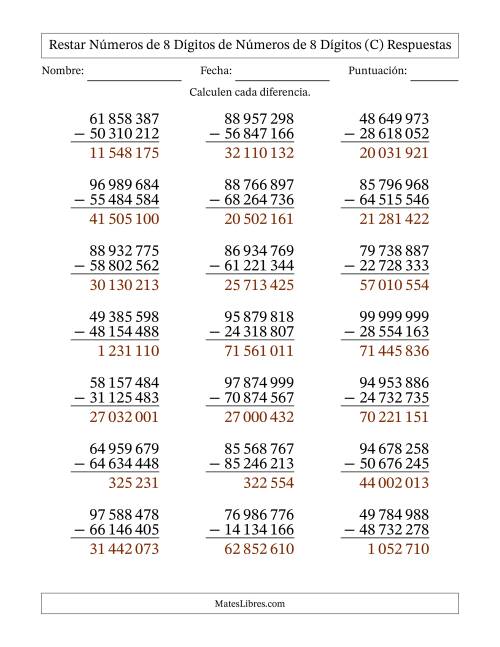 La hoja de ejercicios de Restar números de 8 dígitos de números de 8 dígitos, sin acarreo (21 preguntas) (Espacio como separador de millares) (C) Página 2