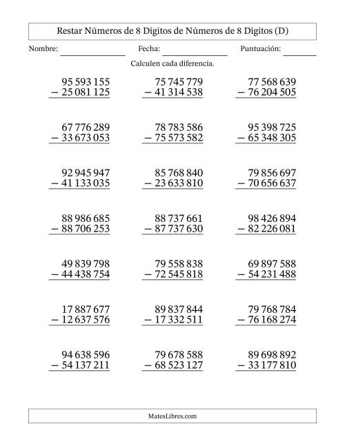 La hoja de ejercicios de Restar números de 8 dígitos de números de 8 dígitos, sin acarreo (21 preguntas) (Espacio como separador de millares) (D)