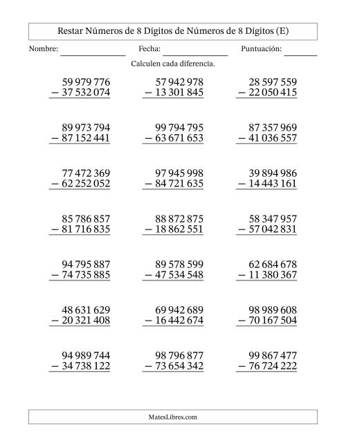 La hoja de ejercicios de Restar números de 8 dígitos de números de 8 dígitos, sin acarreo (21 preguntas) (Espacio como separador de millares) (E)