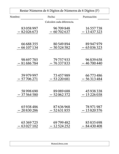 La hoja de ejercicios de Restar números de 8 dígitos de números de 8 dígitos, sin acarreo (21 preguntas) (Espacio como separador de millares) (F)