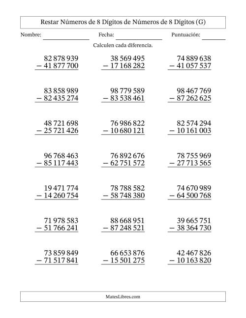La hoja de ejercicios de Restar números de 8 dígitos de números de 8 dígitos, sin acarreo (21 preguntas) (Espacio como separador de millares) (G)