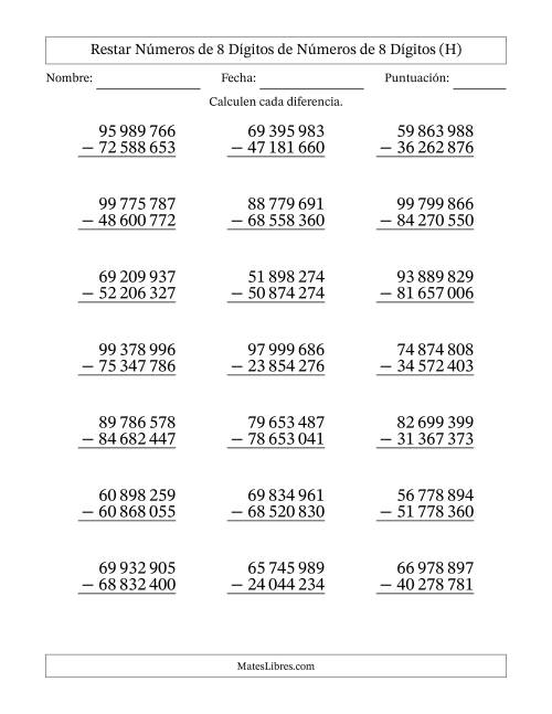 La hoja de ejercicios de Restar números de 8 dígitos de números de 8 dígitos, sin acarreo (21 preguntas) (Espacio como separador de millares) (H)