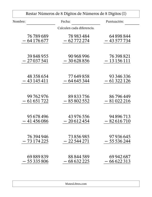La hoja de ejercicios de Restar números de 8 dígitos de números de 8 dígitos, sin acarreo (21 preguntas) (Espacio como separador de millares) (I)