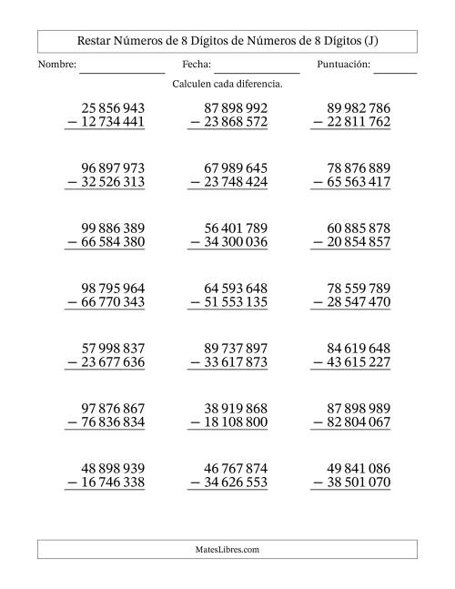 La hoja de ejercicios de Restar números de 8 dígitos de números de 8 dígitos, sin acarreo (21 preguntas) (Espacio como separador de millares) (J)