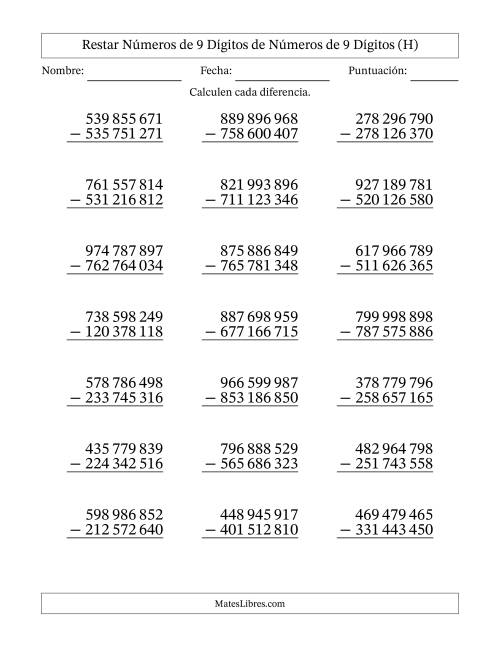 La hoja de ejercicios de Restar números de 9 dígitos de números de 9 dígitos, sin acarreo (21 preguntas) (Espacio como separador de millares) (H)