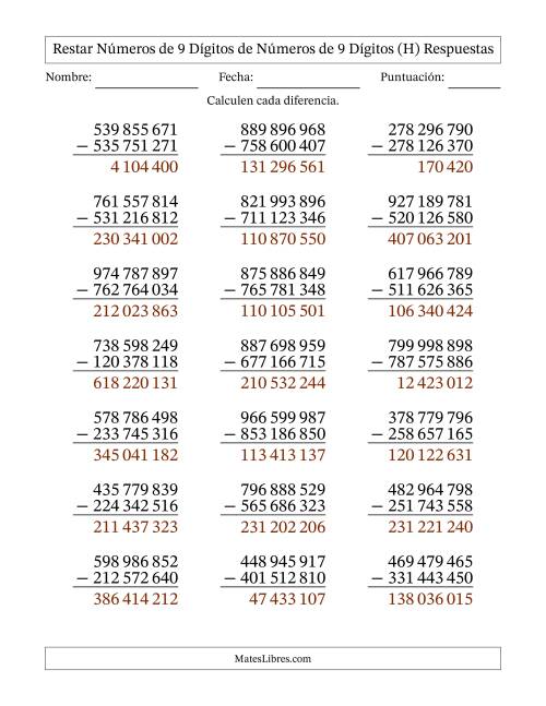 La hoja de ejercicios de Restar números de 9 dígitos de números de 9 dígitos, sin acarreo (21 preguntas) (Espacio como separador de millares) (H) Página 2