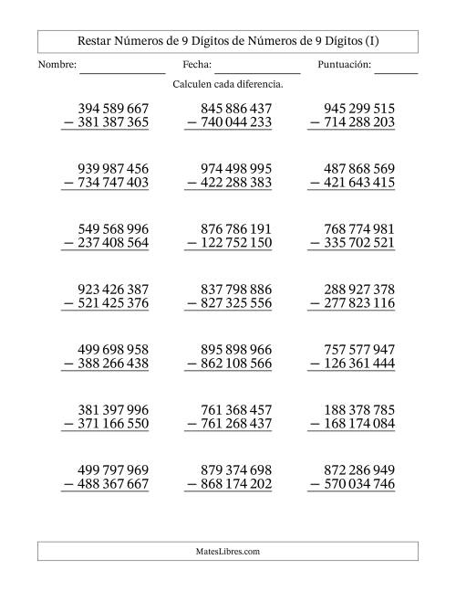 La hoja de ejercicios de Restar números de 9 dígitos de números de 9 dígitos, sin acarreo (21 preguntas) (Espacio como separador de millares) (I)