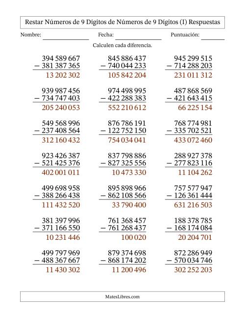 La hoja de ejercicios de Restar números de 9 dígitos de números de 9 dígitos, sin acarreo (21 preguntas) (Espacio como separador de millares) (I) Página 2