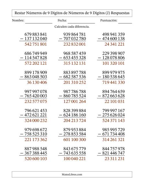 La hoja de ejercicios de Restar números de 9 dígitos de números de 9 dígitos, sin acarreo (21 preguntas) (Espacio como separador de millares) (J) Página 2