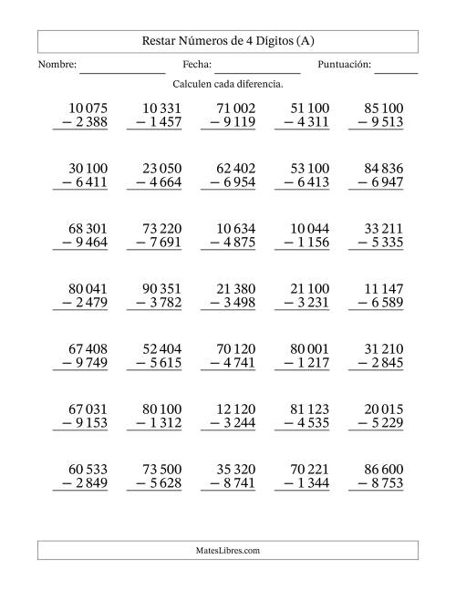 La hoja de ejercicios de Restar números de 4 dígitos con acarreo en todas las preguntas (35 preguntas) (Espacio como separador de millares) (A)