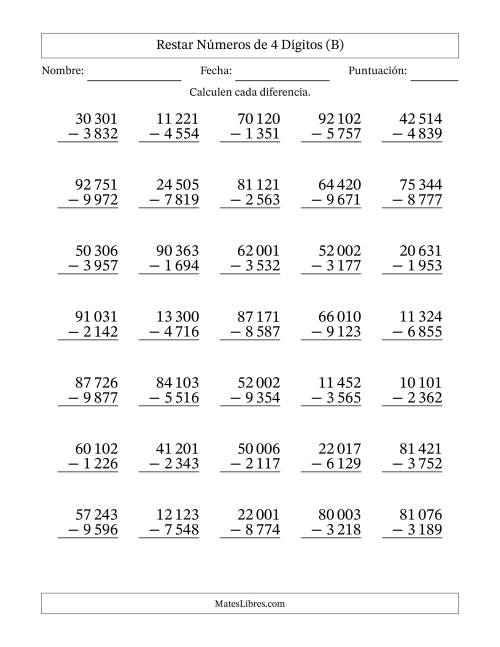 La hoja de ejercicios de Restar números de 4 dígitos con acarreo en todas las preguntas (35 preguntas) (Espacio como separador de millares) (B)