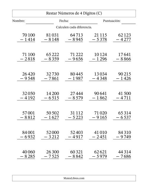 La hoja de ejercicios de Restar números de 4 dígitos con acarreo en todas las preguntas (35 preguntas) (Espacio como separador de millares) (C)