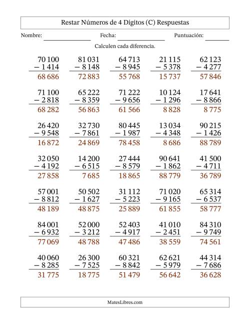 La hoja de ejercicios de Restar números de 4 dígitos con acarreo en todas las preguntas (35 preguntas) (Espacio como separador de millares) (C) Página 2