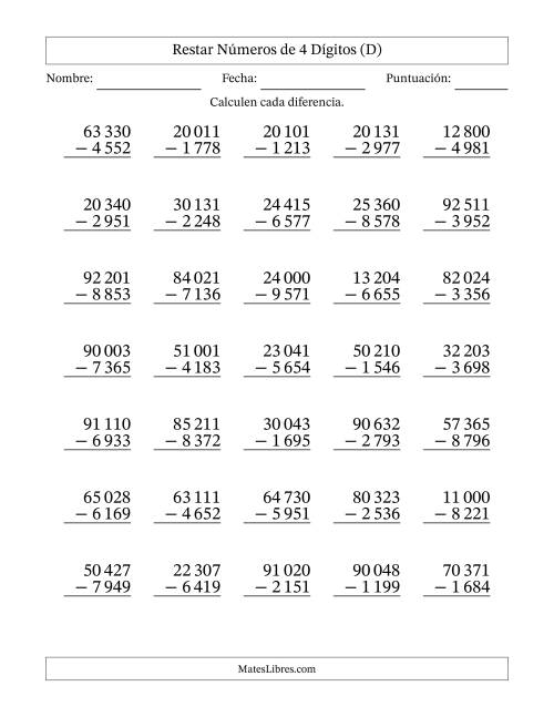 La hoja de ejercicios de Restar números de 4 dígitos con acarreo en todas las preguntas (35 preguntas) (Espacio como separador de millares) (D)