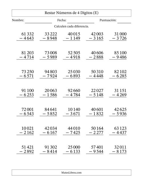 La hoja de ejercicios de Restar números de 4 dígitos con acarreo en todas las preguntas (35 preguntas) (Espacio como separador de millares) (E)