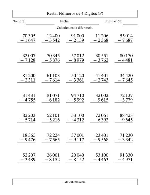 La hoja de ejercicios de Restar números de 4 dígitos con acarreo en todas las preguntas (35 preguntas) (Espacio como separador de millares) (F)