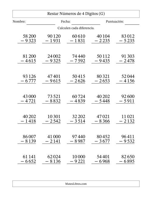 La hoja de ejercicios de Restar números de 4 dígitos con acarreo en todas las preguntas (35 preguntas) (Espacio como separador de millares) (G)