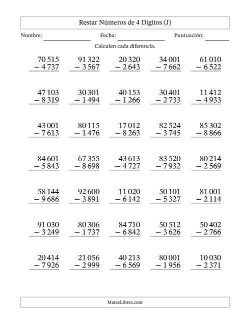 La hoja de ejercicios de Restar números de 4 dígitos con acarreo en todas las preguntas (35 preguntas) (Espacio como separador de millares) (J)