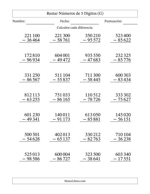 La hoja de ejercicios de Restar números de 5 dígitos con acarreo en todas las preguntas (28 preguntas) (Espacio como separador de millares) (G)