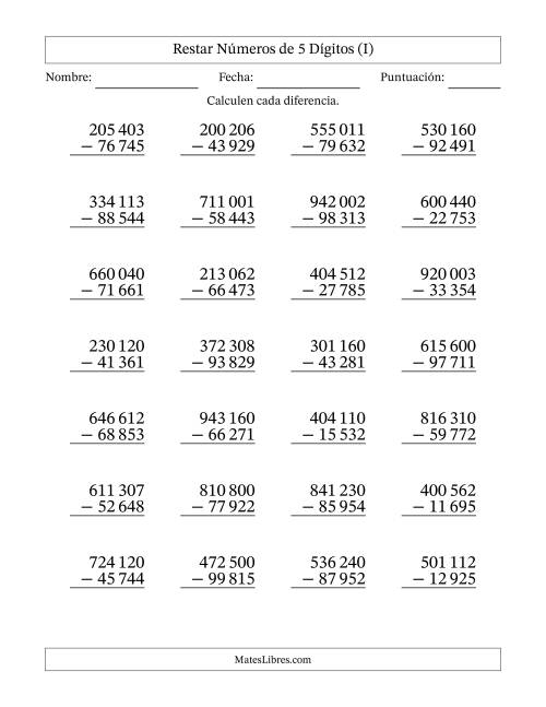 La hoja de ejercicios de Restar números de 5 dígitos con acarreo en todas las preguntas (28 preguntas) (Espacio como separador de millares) (I)