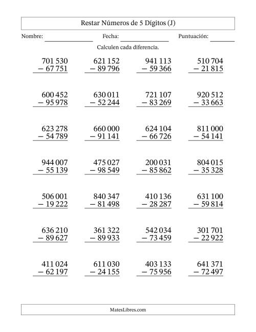 La hoja de ejercicios de Restar números de 5 dígitos con acarreo en todas las preguntas (28 preguntas) (Espacio como separador de millares) (J)