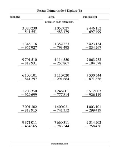 La hoja de ejercicios de Restar números de 6 dígitos con acarreo en todas las preguntas (21 preguntas) (Espacio como separador de millares) (B)
