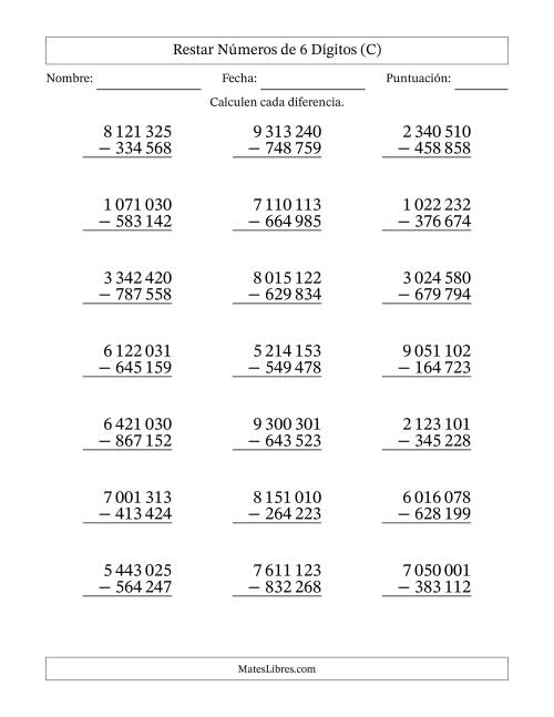 La hoja de ejercicios de Restar números de 6 dígitos con acarreo en todas las preguntas (21 preguntas) (Espacio como separador de millares) (C)