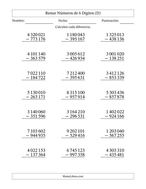 La hoja de ejercicios de Restar números de 6 dígitos con acarreo en todas las preguntas (21 preguntas) (Espacio como separador de millares) (D)