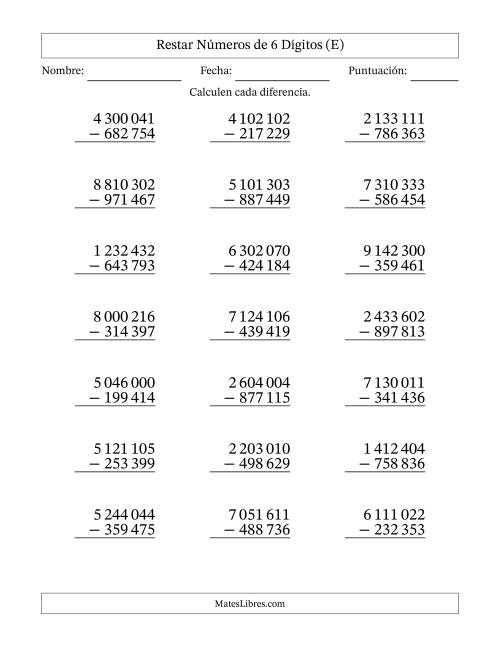 La hoja de ejercicios de Restar números de 6 dígitos con acarreo en todas las preguntas (21 preguntas) (Espacio como separador de millares) (E)
