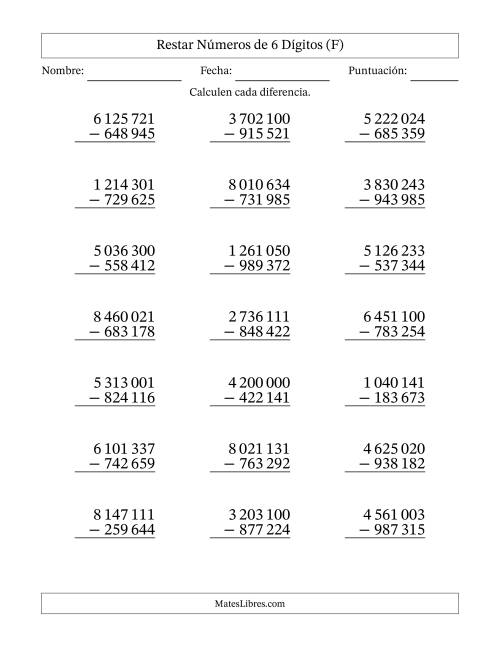 La hoja de ejercicios de Restar números de 6 dígitos con acarreo en todas las preguntas (21 preguntas) (Espacio como separador de millares) (F)