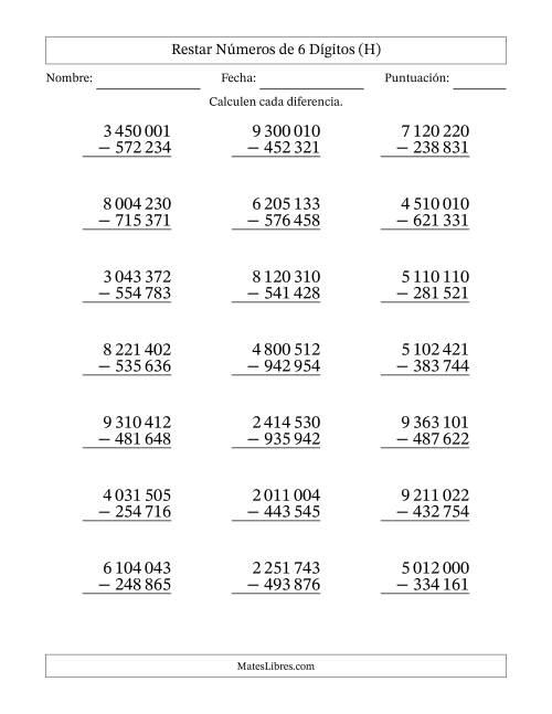 La hoja de ejercicios de Restar números de 6 dígitos con acarreo en todas las preguntas (21 preguntas) (Espacio como separador de millares) (H)