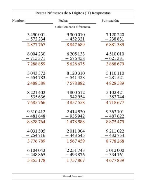La hoja de ejercicios de Restar números de 6 dígitos con acarreo en todas las preguntas (21 preguntas) (Espacio como separador de millares) (H) Página 2