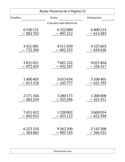 La hoja de ejercicios de Restar números de 6 dígitos con acarreo en todas las preguntas (21 preguntas) (Espacio como separador de millares) (I)