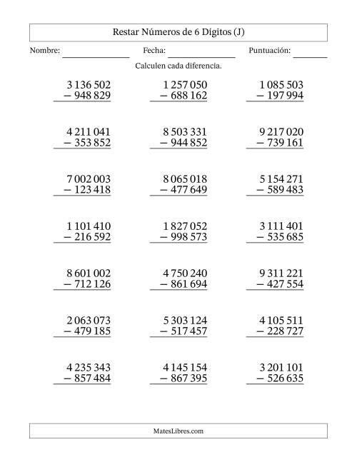 La hoja de ejercicios de Restar números de 6 dígitos con acarreo en todas las preguntas (21 preguntas) (Espacio como separador de millares) (J)