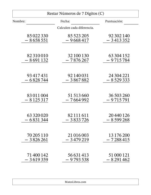 La hoja de ejercicios de Restar números de 7 dígitos con acarreo en todas las preguntas (21 preguntas) (Espacio como separador de millares) (C)