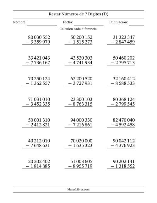 La hoja de ejercicios de Restar números de 7 dígitos con acarreo en todas las preguntas (21 preguntas) (Espacio como separador de millares) (D)