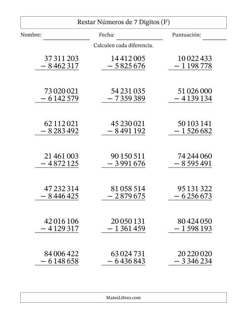 La hoja de ejercicios de Restar números de 7 dígitos con acarreo en todas las preguntas (21 preguntas) (Espacio como separador de millares) (F)