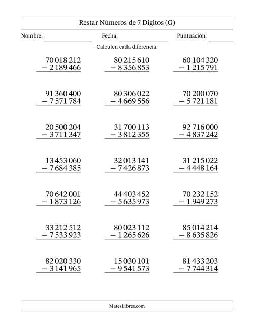 La hoja de ejercicios de Restar números de 7 dígitos con acarreo en todas las preguntas (21 preguntas) (Espacio como separador de millares) (G)