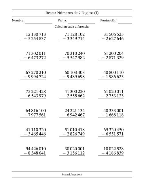 La hoja de ejercicios de Restar números de 7 dígitos con acarreo en todas las preguntas (21 preguntas) (Espacio como separador de millares) (I)