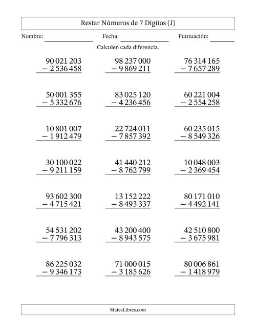 La hoja de ejercicios de Restar números de 7 dígitos con acarreo en todas las preguntas (21 preguntas) (Espacio como separador de millares) (J)