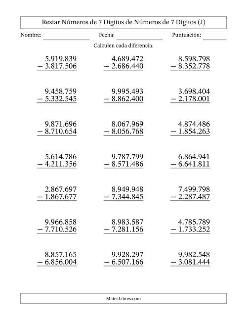 La hoja de ejercicios de Restar números de 7 dígitos de números de 7 dígitos, sin acarreo (21 preguntas) (Punto como separador de millares) (J)