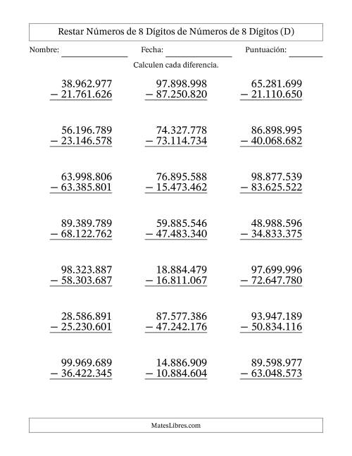 La hoja de ejercicios de Restar números de 8 dígitos de números de 8 dígitos, sin acarreo (21 preguntas) (Punto como separador de millares) (D)