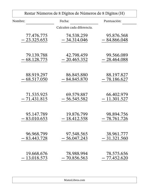 La hoja de ejercicios de Restar números de 8 dígitos de números de 8 dígitos, sin acarreo (21 preguntas) (Punto como separador de millares) (H)