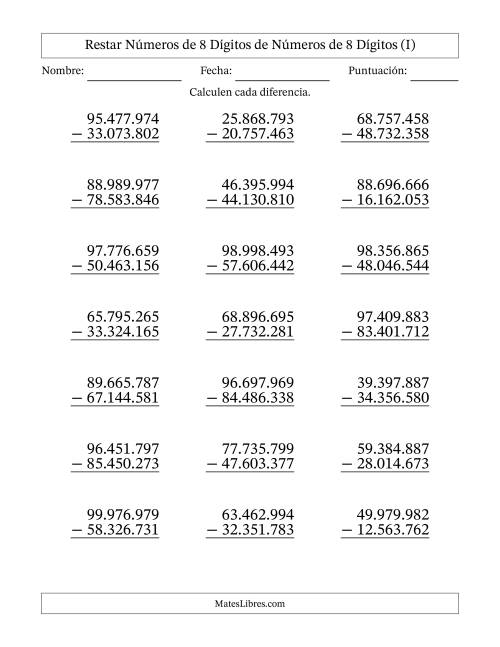 La hoja de ejercicios de Restar números de 8 dígitos de números de 8 dígitos, sin acarreo (21 preguntas) (Punto como separador de millares) (I)